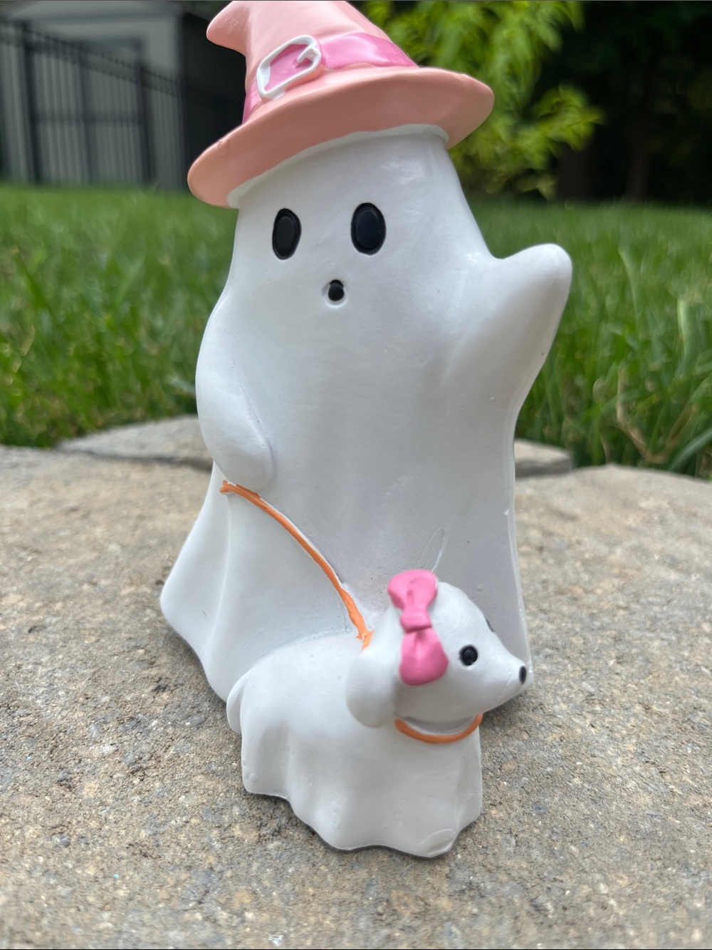 White Ghost Figurine with Pink Hat & Puppy Accent